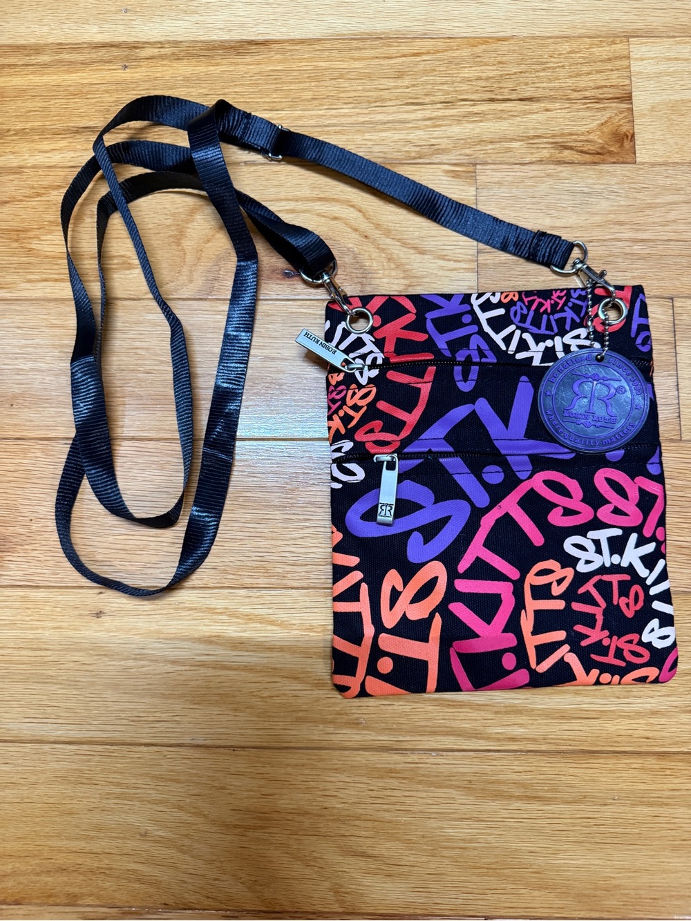 Robin Ruth Black Crossbody with Pink, Purple & Orange Graffiti